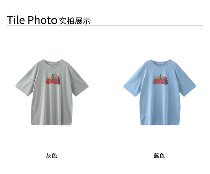 【H5285】實拍夏天韓國蘋果印花大版短袖寬鬆T恤250603