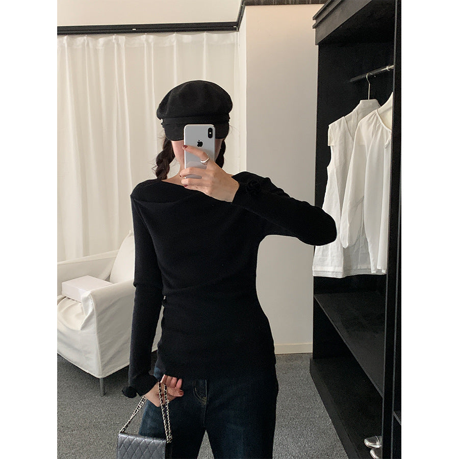 【H5487】實拍秋冬褶皺露肩針織衫251109