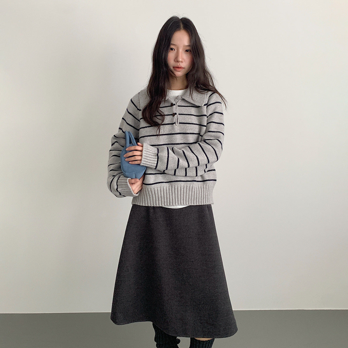 【LD11070】實拍氣質毛呢A字傘裙＋腰帶251209