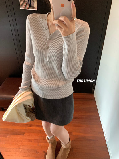 【L99909】檸檬秋冬超修身V領纽扣長袖針織衫251117