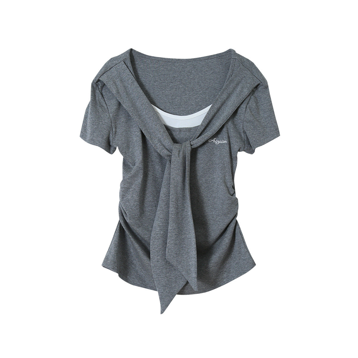 【LD11174】實拍設計感韓系絕美粉色帶披肩/綁帶假兩件短袖T恤260317