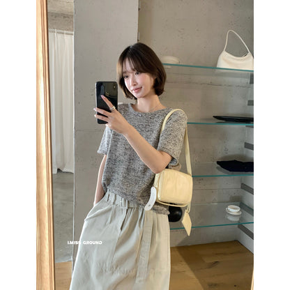 【LR991371】實拍imiss高級感氣質！高級感混雜色圓領短袖針織衫260305