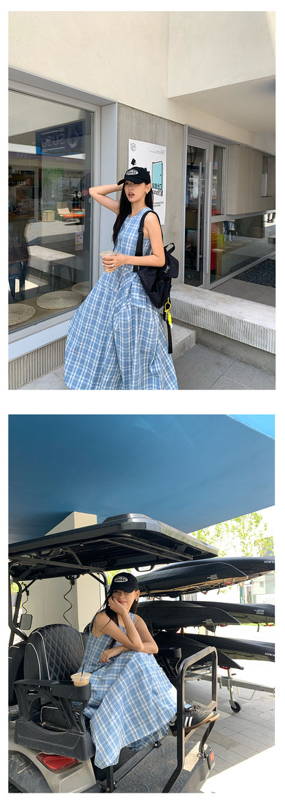 【H5290】實拍夏天韓國復古藍格個性花苞長洋裝＋小包250603