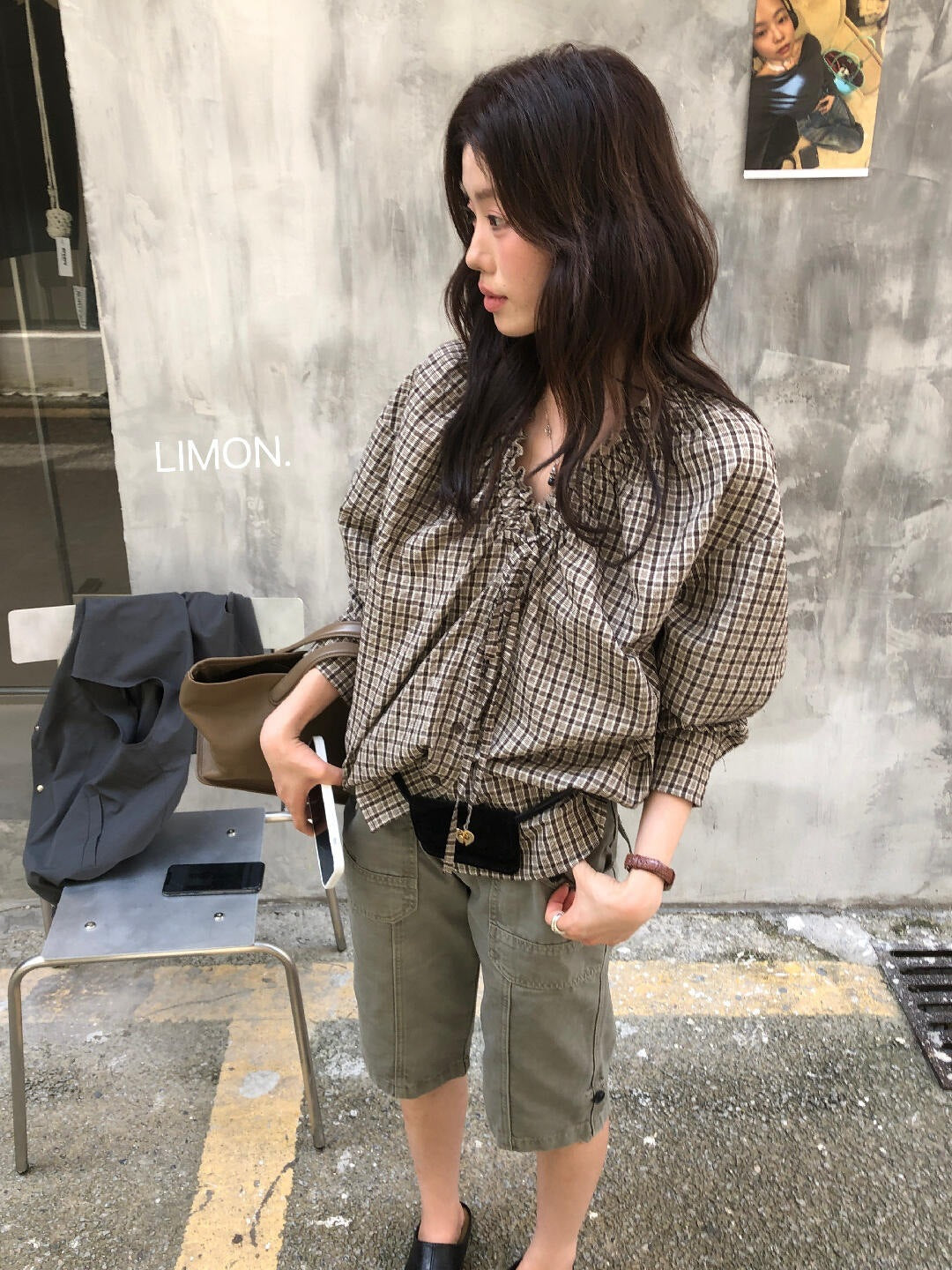【L11016】檸檬2026早秋韓系少女復古格紋綁帶V領長袖襯衫260728