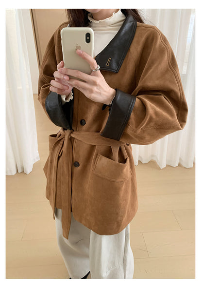 【H569】實拍復古個性皮革拼麂皮絨大衣外套＋麂皮肩背包251021