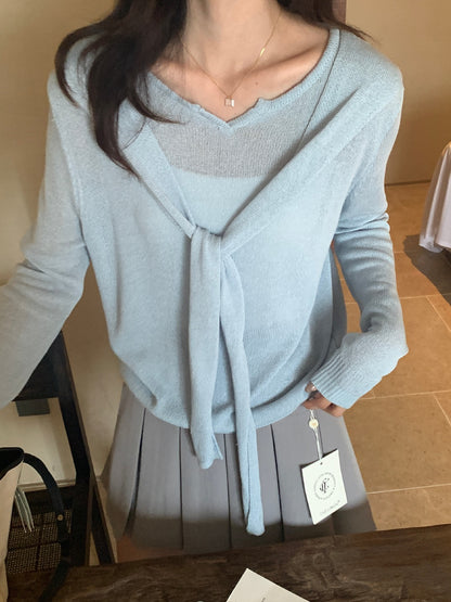 【L8108】實拍檸檬家一秒變紙片人✨韓風亞麻假兩件披肩長袖針織上衣260330