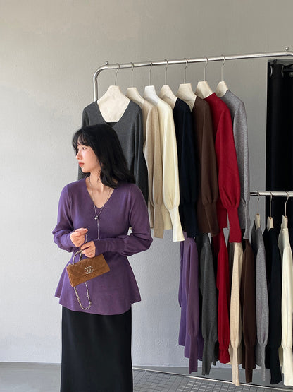 【cimz6652】實拍氣質半高領/V領燈籠袖極簡氣質針織衫251128