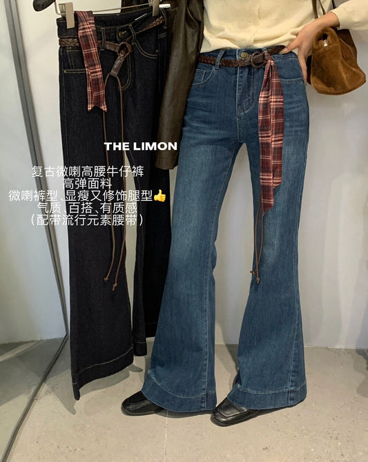 【L2625】實拍S~L檸檬家復古顯瘦高彈高腰喇叭牛仔褲＋腰帶250901