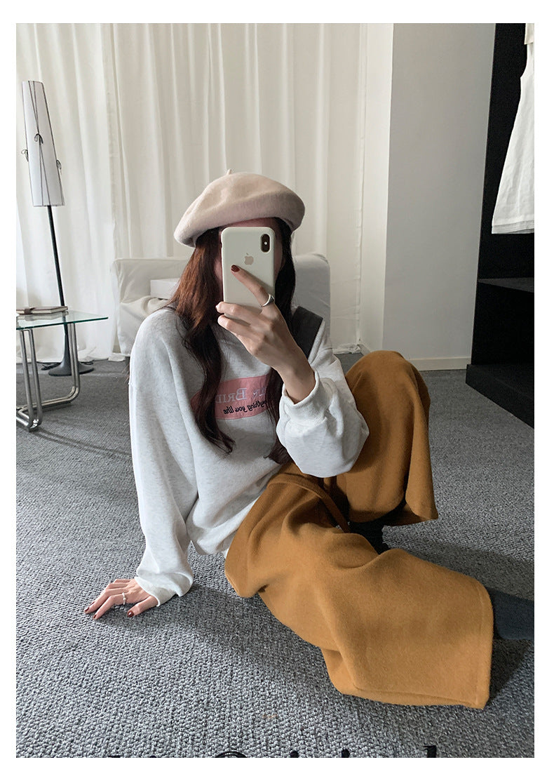 【H5491】實拍秋冬毛呢鬆緊腰加厚闊腿休閒褲251109