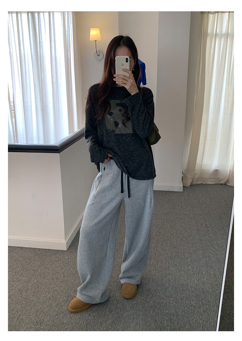 【H5499】實拍 復古磨毛狗狗印花長袖T恤251118