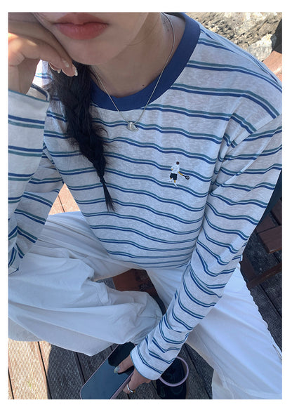 【H5386】實拍寬鬆薄款防曬圓領條紋長袖T恤250902