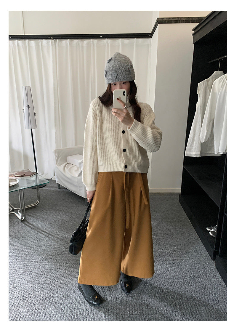 【H5491】實拍秋冬毛呢鬆緊腰加厚闊腿休閒褲251109