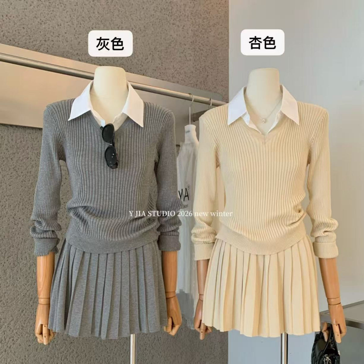 【L811】學院日常・假兩件拼接針織上衣＋壓褶裙套裝261013