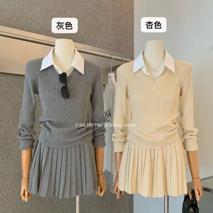 【L811】學院日常・假兩件拼接針織上衣＋壓褶裙套裝261013