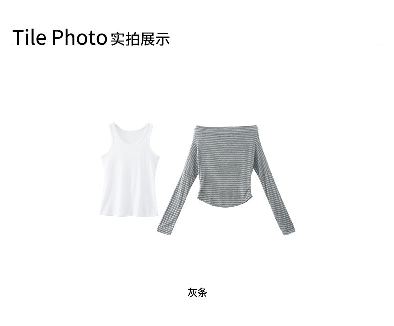【H5384】實拍韓版條紋一字領長袖上衣 + 吊帶背心 兩件套250902