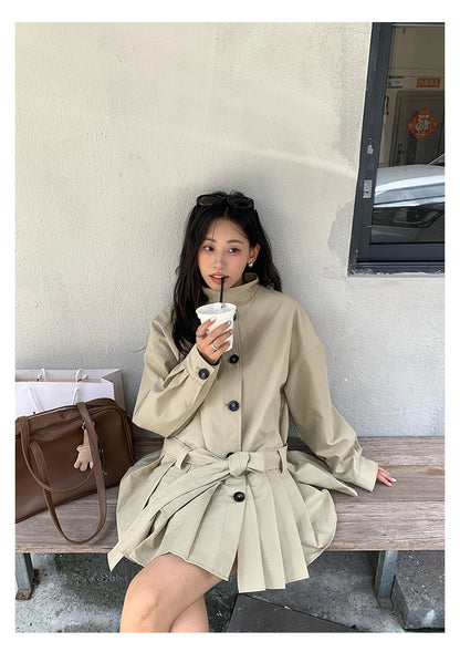 【H5400】實拍韓系慵懶卡其立領收腰風衣外套250902