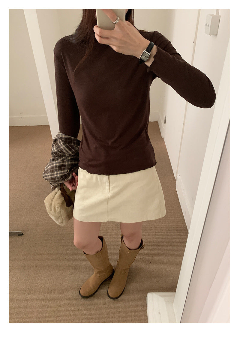 【H568】實拍基礎款木耳邊半高領純色打底衫251021