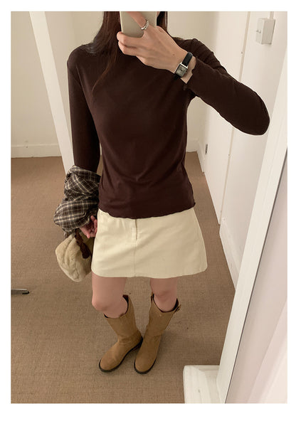 【H568】實拍基礎款木耳邊半高領純色打底衫251021