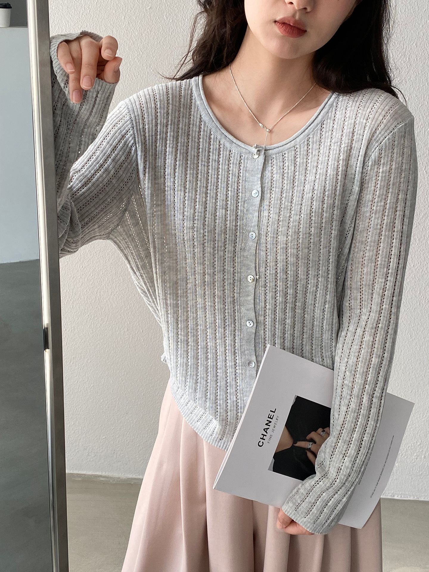 【cimzW6005】早春韓系溫柔☁️捲邊領鏤空薄款羊毛針織小外套/罩衫260319