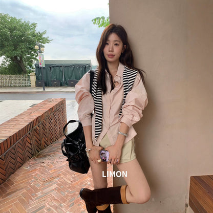 【L11091】檸檬初秋時髦輕質感顯瘦縮腰翻領長袖襯衫(附披肩)260728