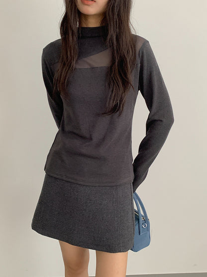 【LD11024】實拍氣質網紗拼接加絨半高領長袖T恤251124