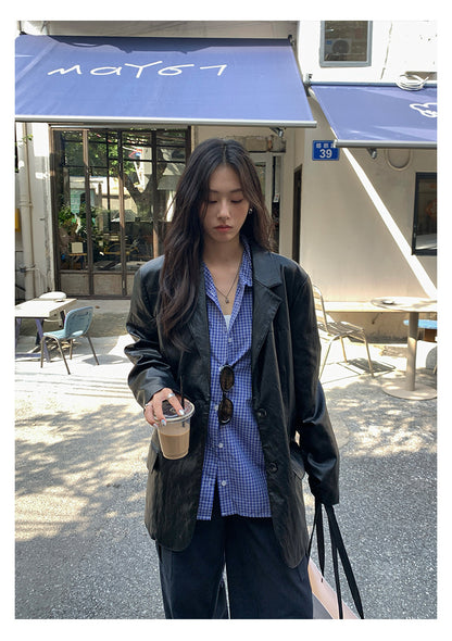 【H5401】實拍後背開叉藍色格子長袖襯衫250902