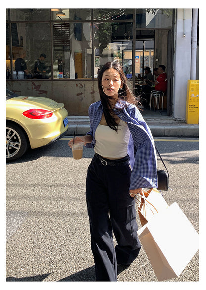 【H5401】實拍後背開叉藍色格子長袖襯衫250902