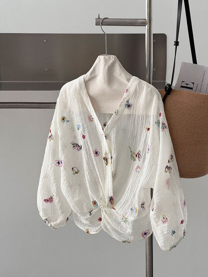 【cimz1933】小眾法式亞麻襯衫✨精緻繡花肌理感V領扭結微透短版襯衫上衣260618