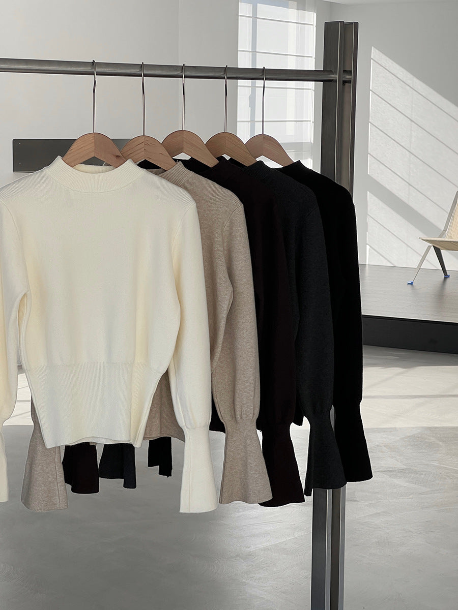 【cimz3012】實拍韓系氣質半高領喇叭袖收腰針織衫251201