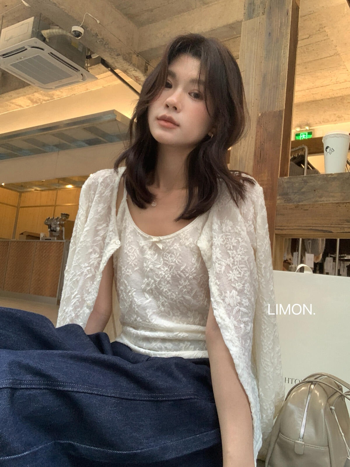 【L11007】檸檬檸檬早秋重工提花圓領長袖小外套+蕾絲細肩帶背心套裝260728