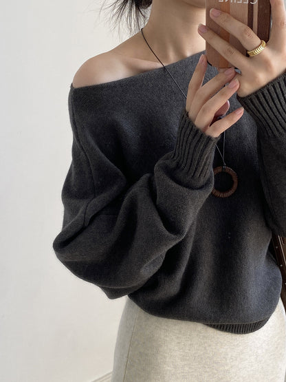 【YP2081】 實拍一字領斜肩慵懶針織毛衣251023