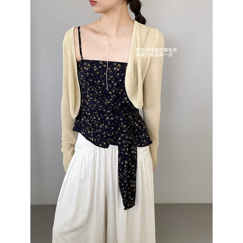 【cimzY762】實拍軟軟香香純慾風🎀碎花細肩帶上衣+長袖針織小外套兩件套260409