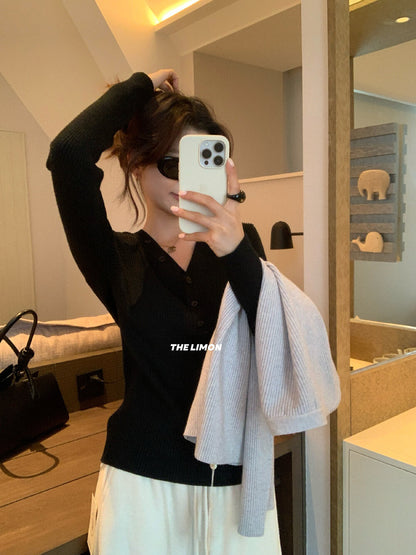 【L99909】檸檬秋冬超修身V領纽扣長袖針織衫251117
