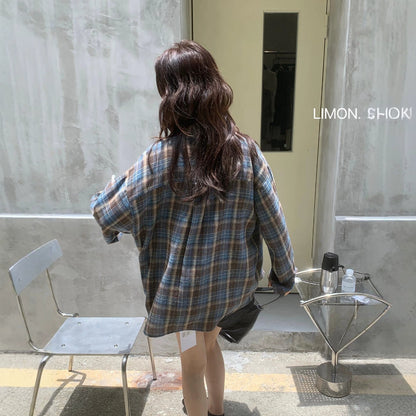【L11087】檸檬早秋新款慵懶輕質感格紋寬鬆顯瘦長袖襯衫260728