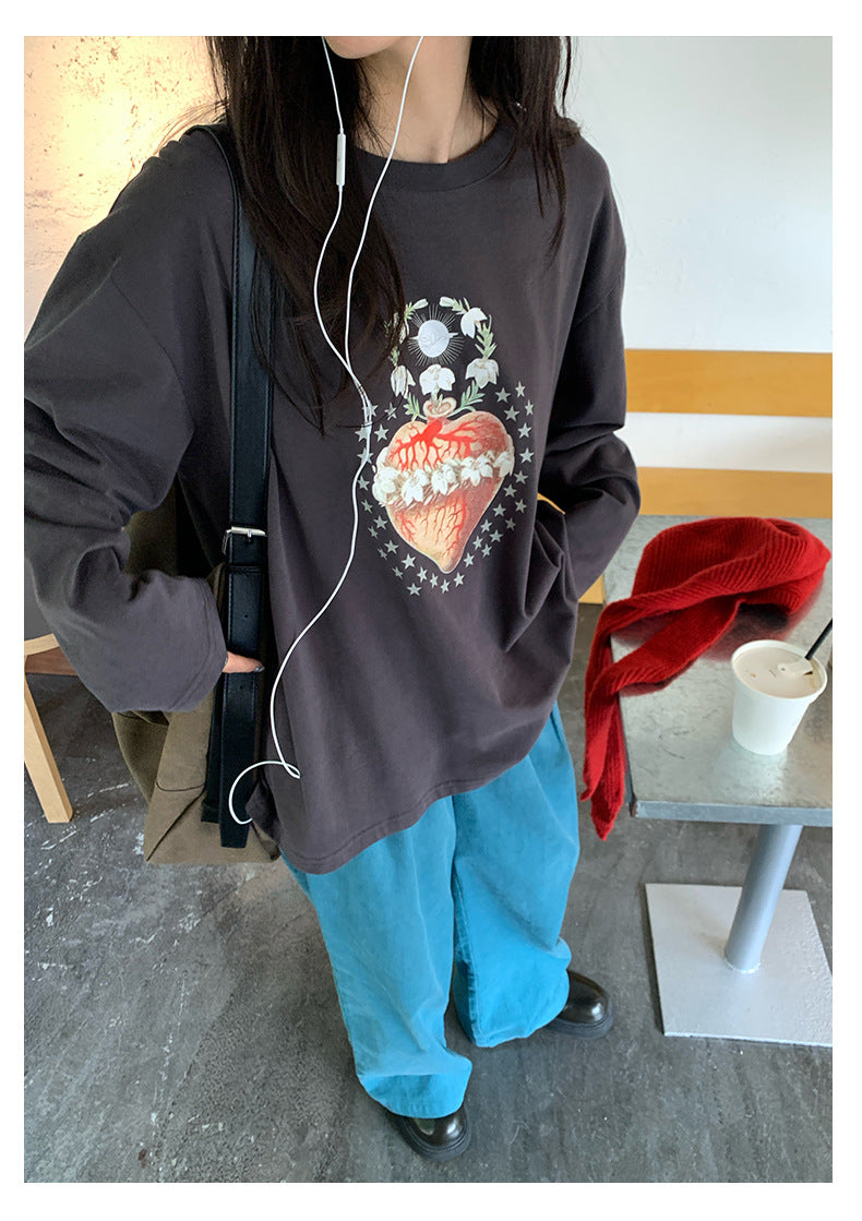 【H5397】實拍韓系甜美少女寬鬆長袖T恤250902