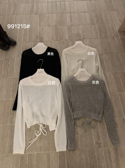 【L991215】實拍秋季簡約後綁帶長袖針織衫250923