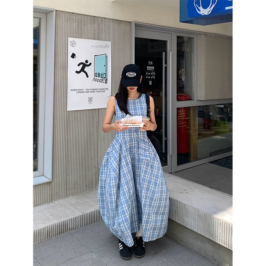 【H5290】實拍夏天韓國復古藍格個性花苞長洋裝＋小包250603