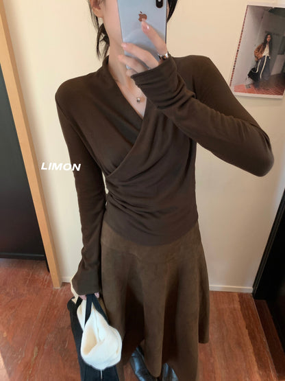 【L9312】檸檬法式簡約交叉羊絨薄绒V領長袖T恤251117