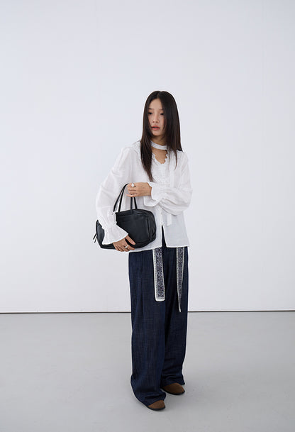 【LD3160】實拍法式氣質荷葉長袖襯衫飄帶250908