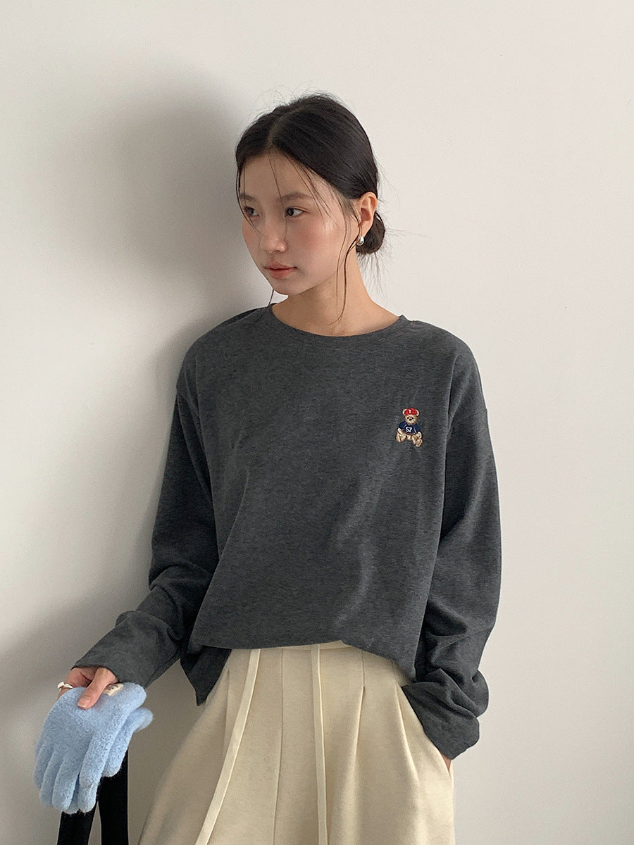 【LD11025】實拍舒適小熊刺繡寬鬆長袖T恤251124