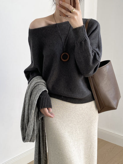 【YP2081】 實拍一字領斜肩慵懶針織毛衣251023