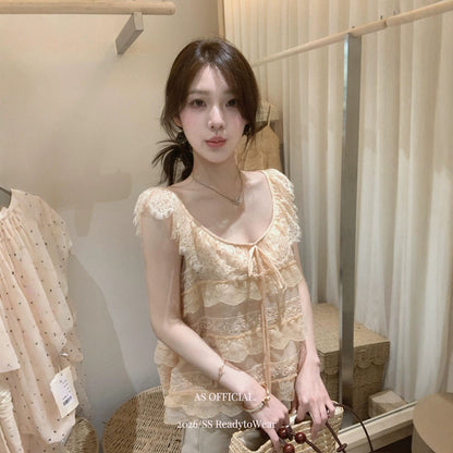 【L27010】韓系甜美純慾風🎀重工蕾絲多層荷葉邊綁帶無袖上衣260526