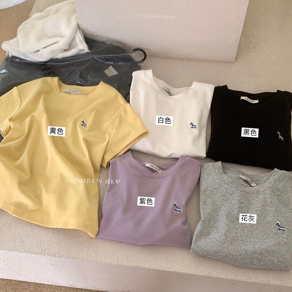 【L10168】實拍檸檬家檸檬休閒百搭！春夏顯瘦圓領小馬刺繡短袖T恤260310