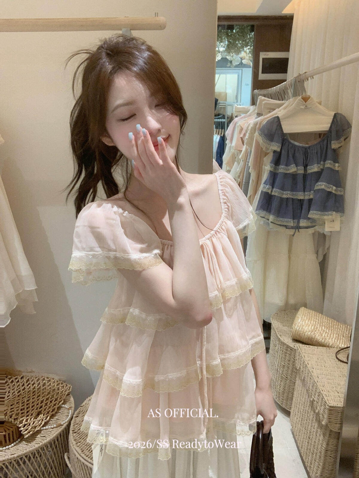 【L28239】法式甜美初戀感🌸氛圍感蕾絲拼接荷葉邊綁帶短袖上衣260526