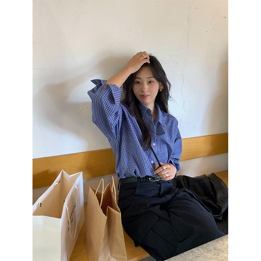 【H5401】實拍後背開叉藍色格子長袖襯衫250902