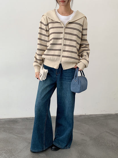 【LD11036】實拍雙頭拉鍊海軍領條紋針織開衫251202