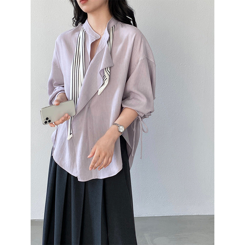 【cimz1766】實拍春日小蒼蘭🌸浪漫輕法式附絲巾綁帶寬鬆百搭襯衫260311