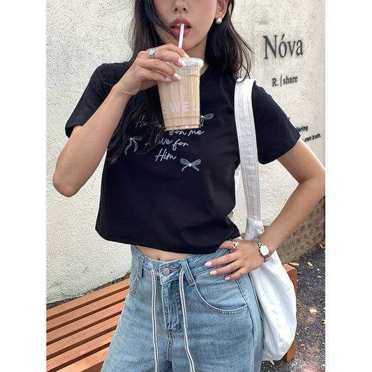 【H5161】實拍夏天甜美優雅蝴蝶結珍珠印花t恤250407