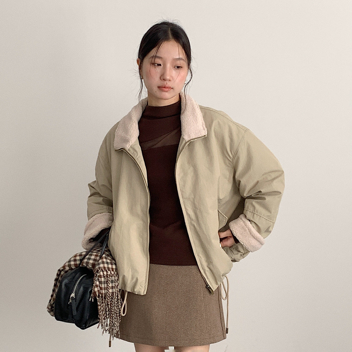 【LD11024】實拍氣質網紗拼接加絨半高領長袖T恤251124