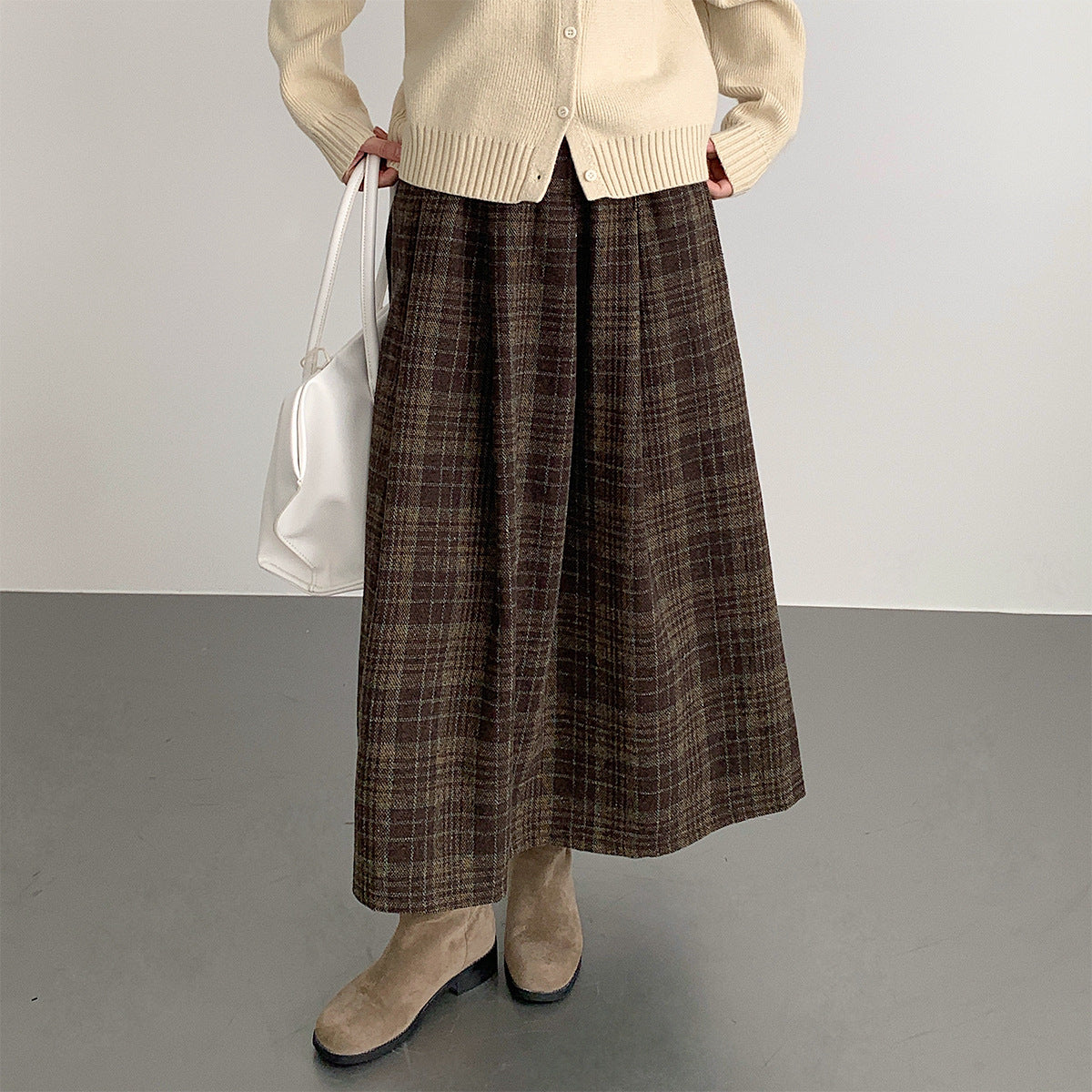 【LD11008】實拍復古毛呢格子高腰a字裙(左右有口袋）251110